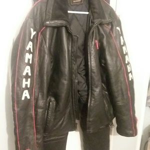 Vintage Yamaha leather riding jacket and coveralls